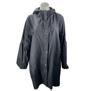 Jo Lab Women's Black Snap Button Long Sleeve Hooded Rain Coat Trench Jacket Sz M